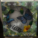 54cm Round Metal & Glass Butterfly Welcome Sign Wall Art