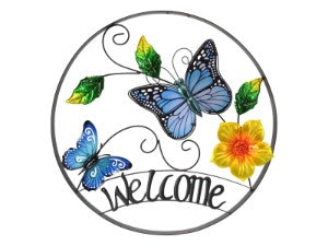 54cm Round Metal & Glass Butterfly Welcome Sign Wall Art