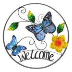 54cm Round Metal & Glass Butterfly Welcome Sign Wall Art