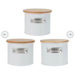 3 White Tin Canisters with Bamboo Lids