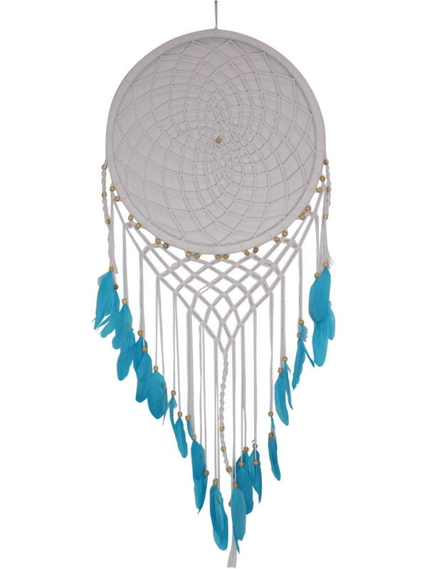 White Macrame Dream Catcher with Blue Feathers