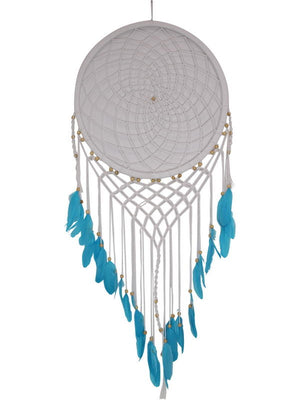 White Macrame Dream Catcher with Blue Feathers
